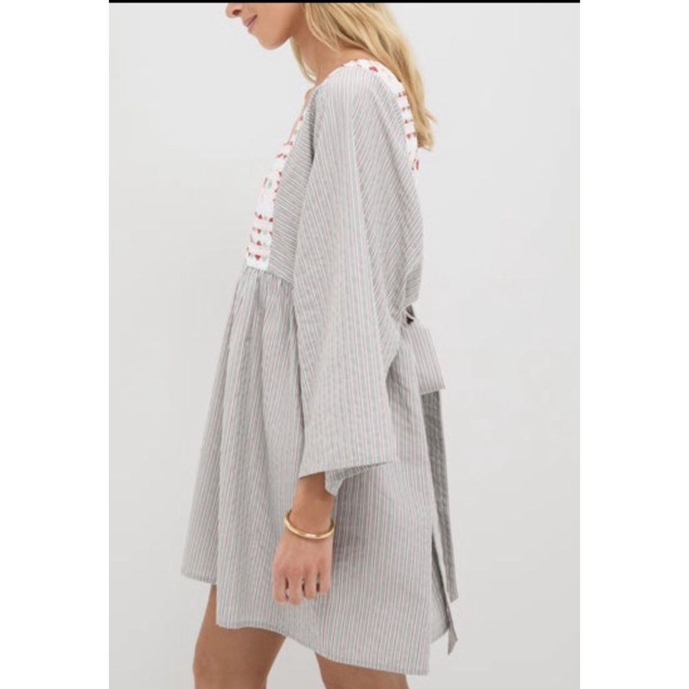 POMANDER PLACE Sage Stripe Embroidered Sadona Mini Dress Medium Cottage Prairie - Picture 2 of 11